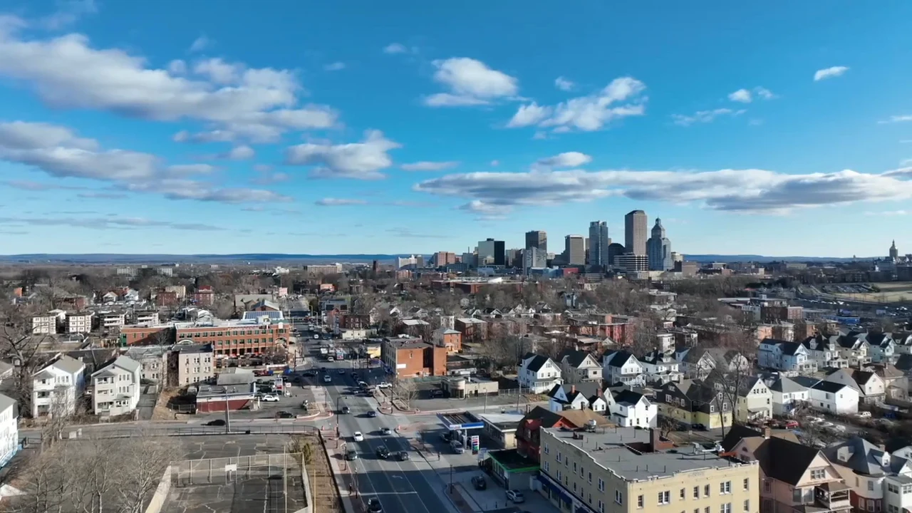 Aerial drone view of the Andaleeb Enterprises portfolio in Hartford