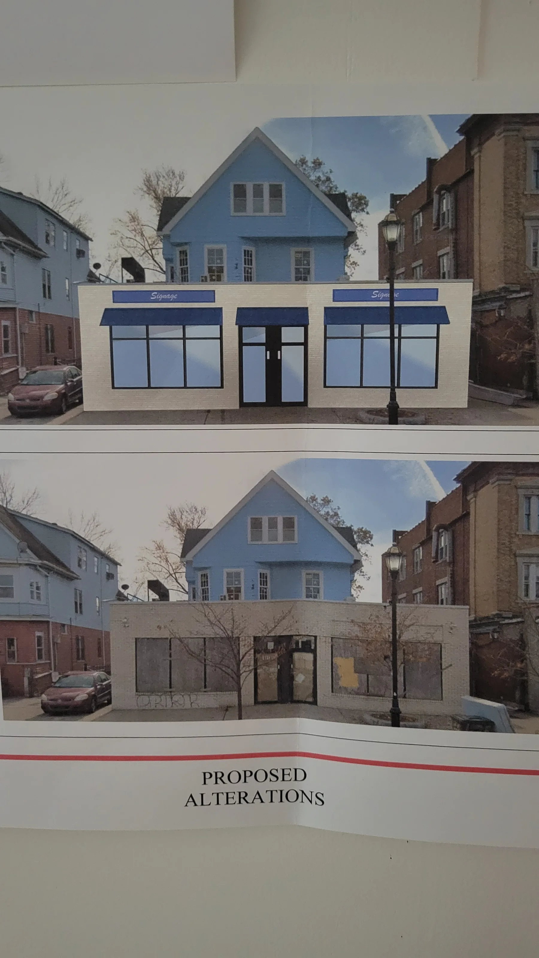 A closer rendering defines the proposed storefront proportions and entrance placement.