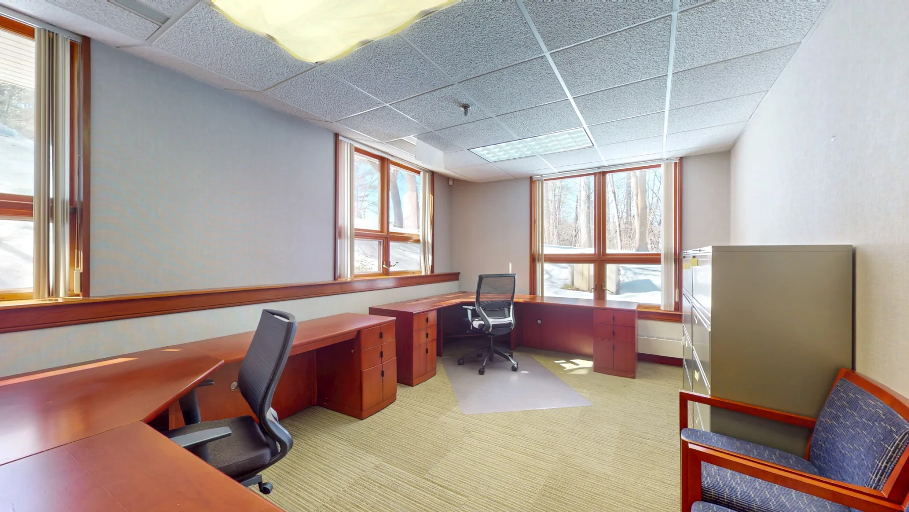 An occupied team office shows how the workplace functions in daily use.