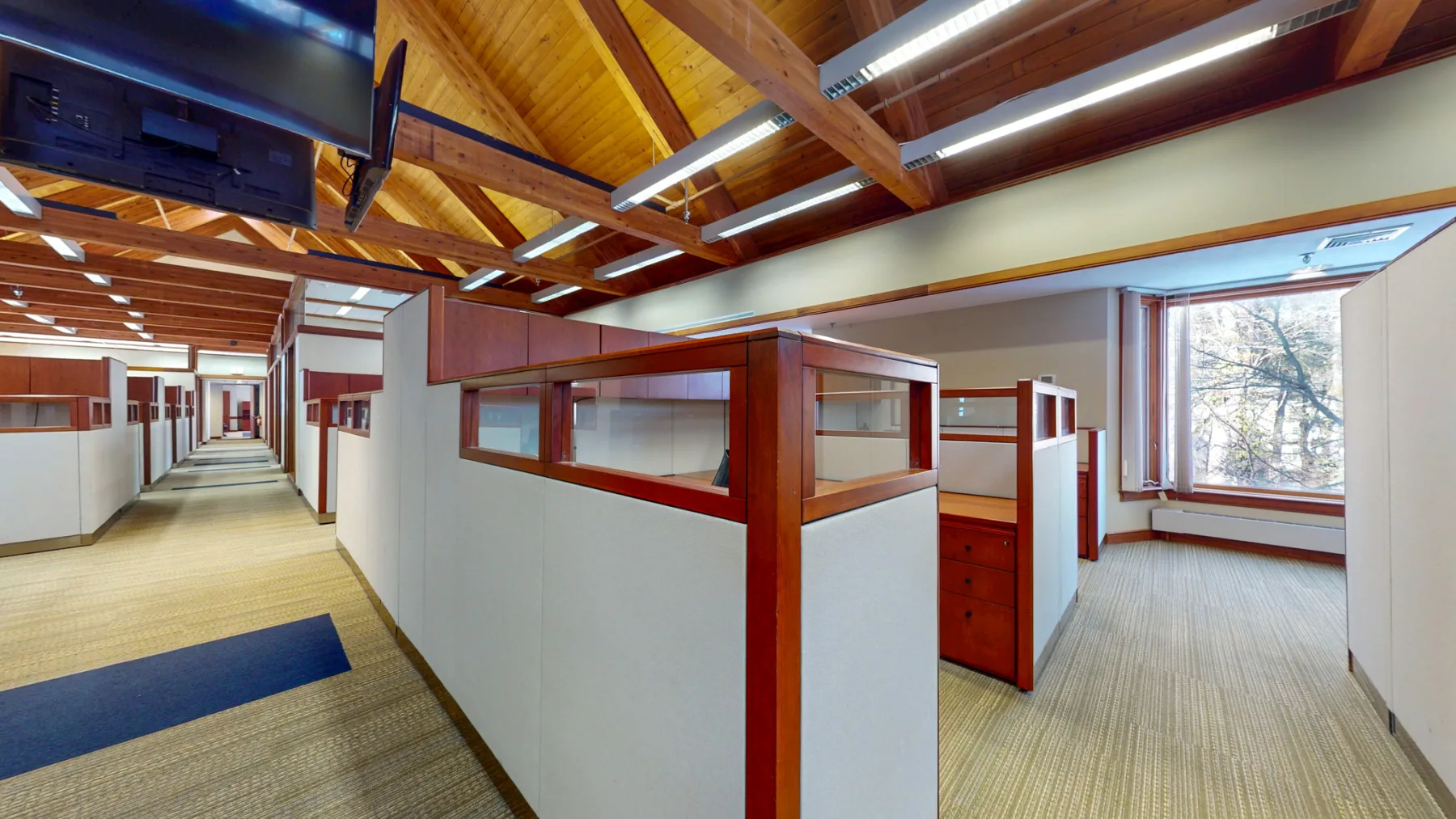 An open office area shows the exposed timber roof structure and flexible workstation layout.