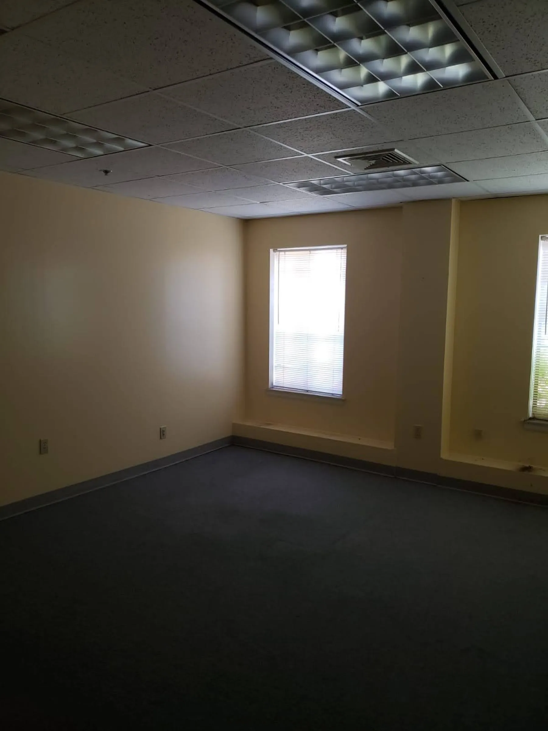 An existing office documents the darker flooring, ceiling, and finishes found in an unimproved suite.