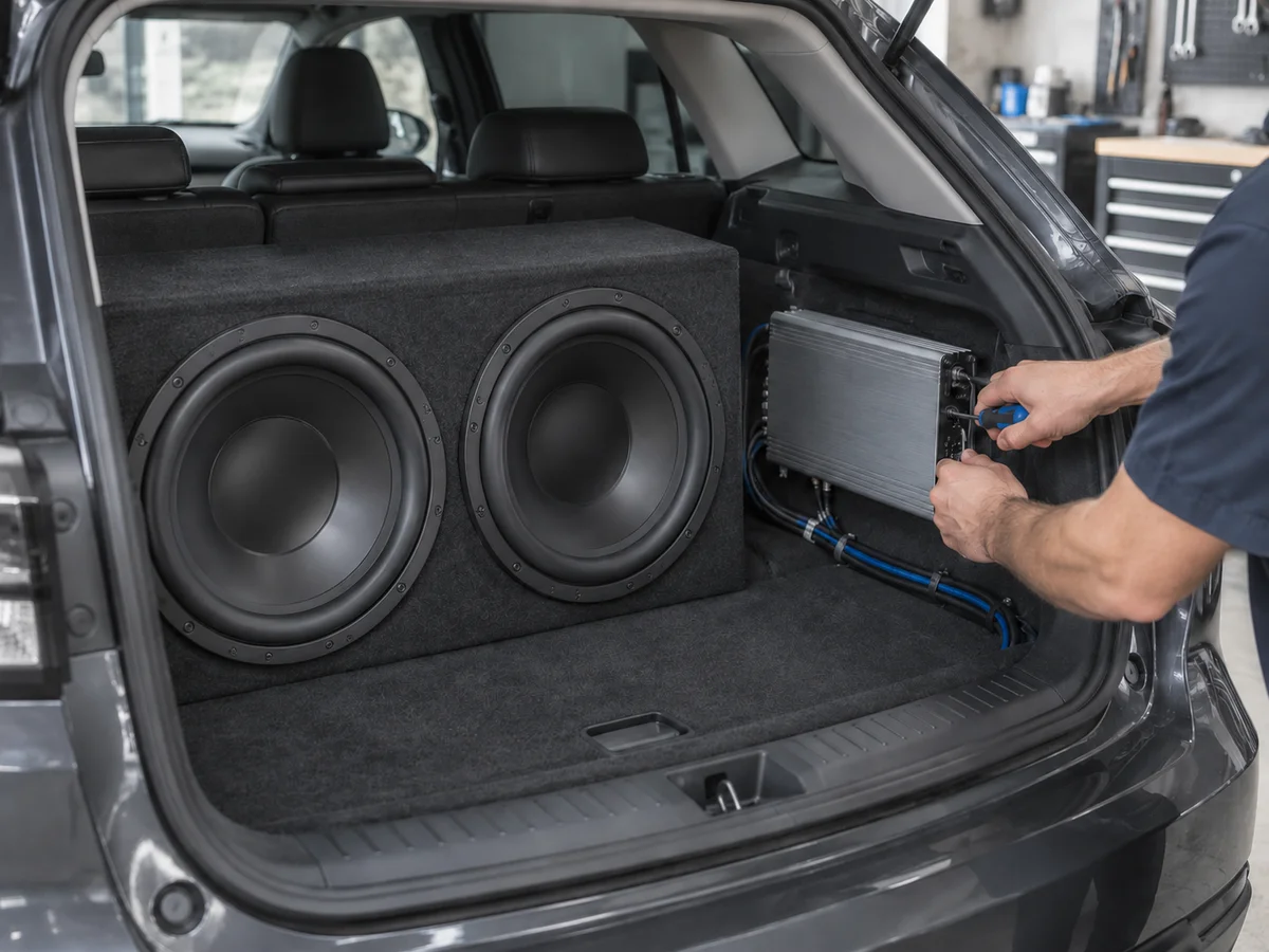 Car audio installation with dual subwoofers and a technician connecting an amplifier