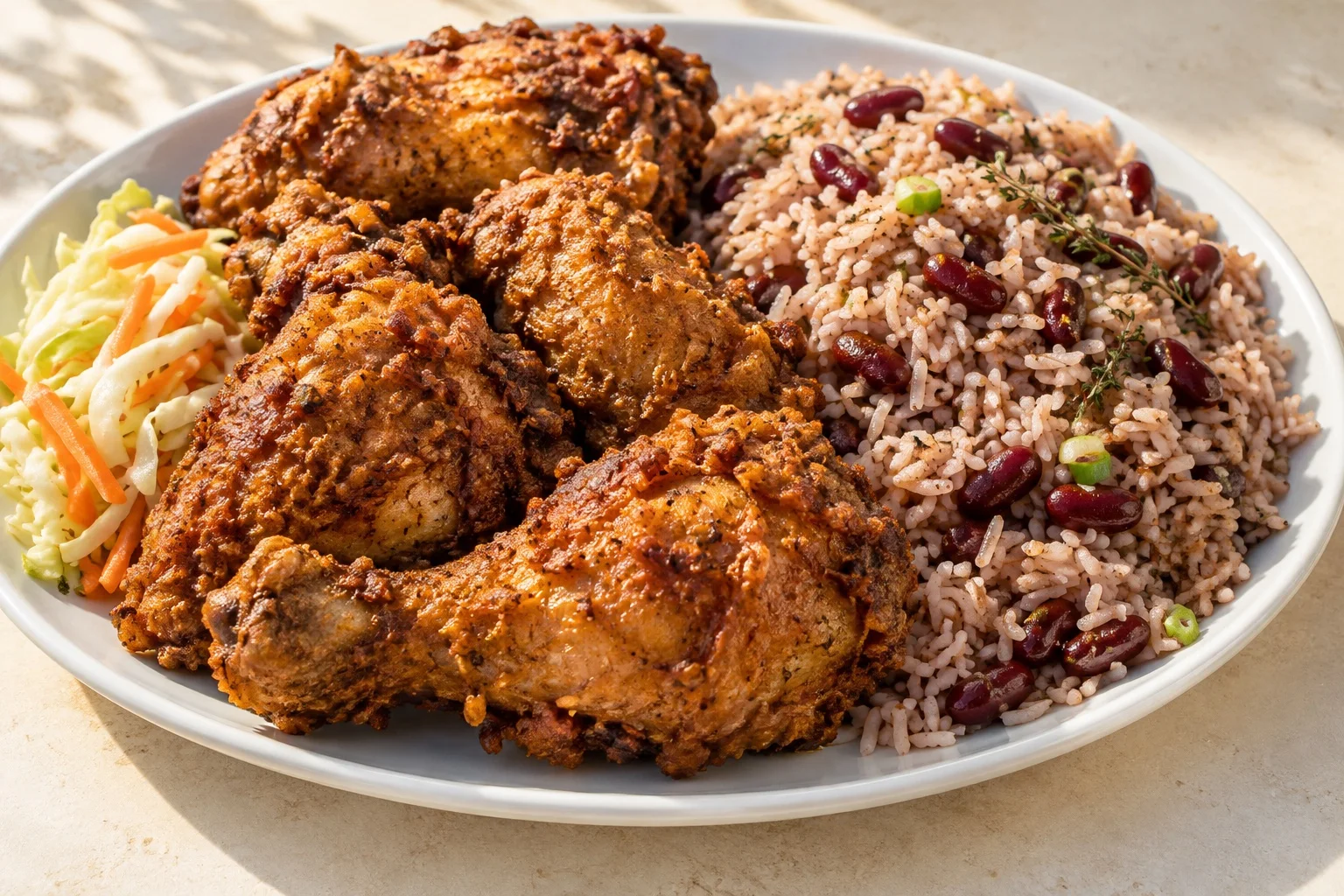 Generated food illustration of crispy fried chicken with Jamaican rice and peas and cabbage