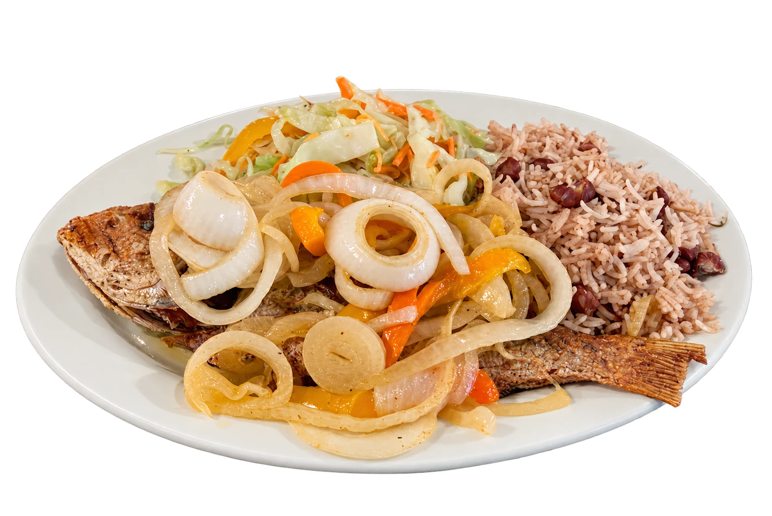 Fish N Tingz whole escovitch snapper, rice and peas, and steamed cabbage