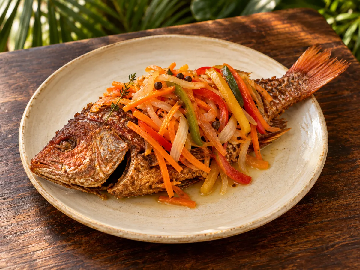Whole escovitch red snapper