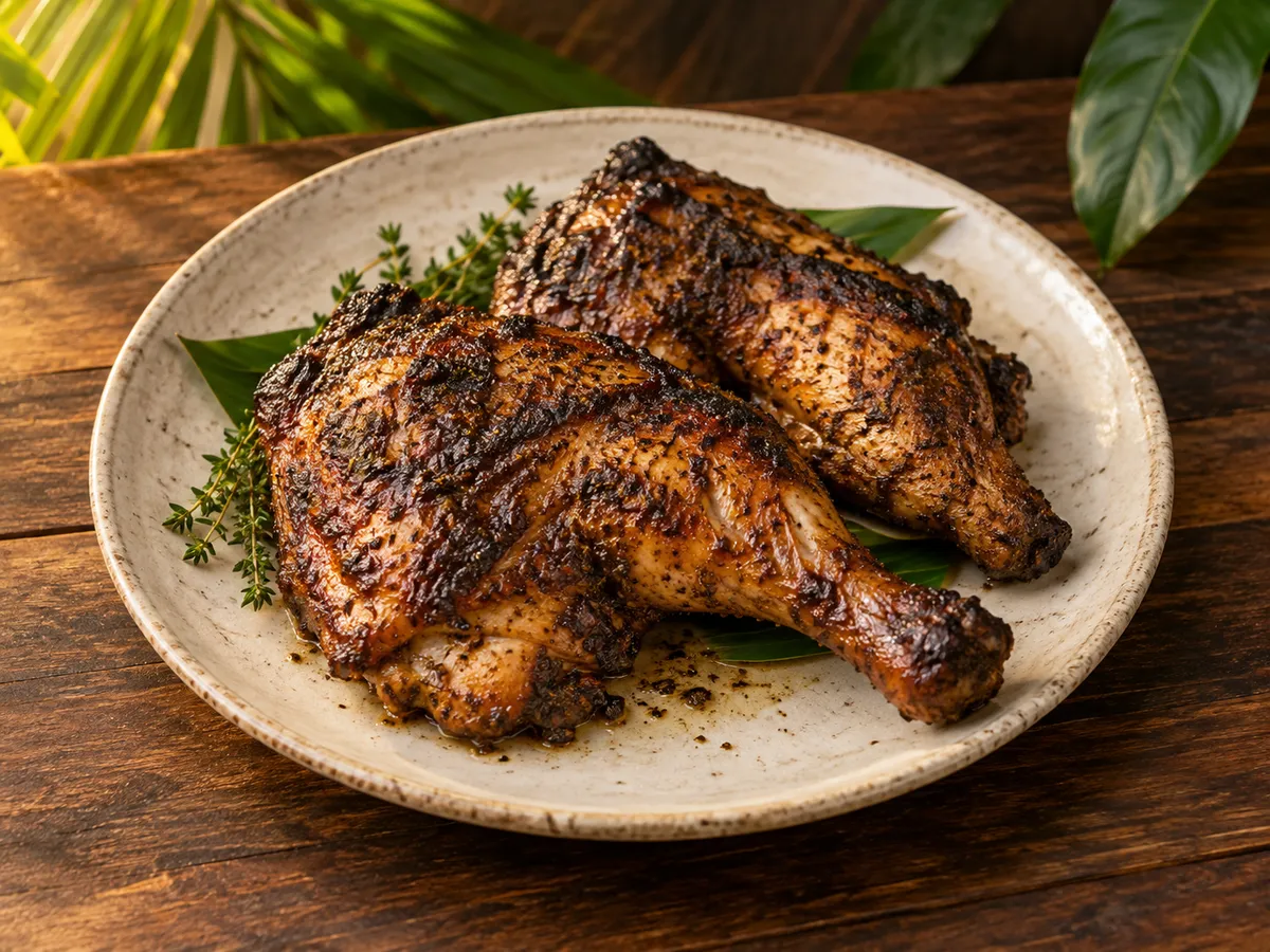Jamaican jerk chicken on a ceramic plate