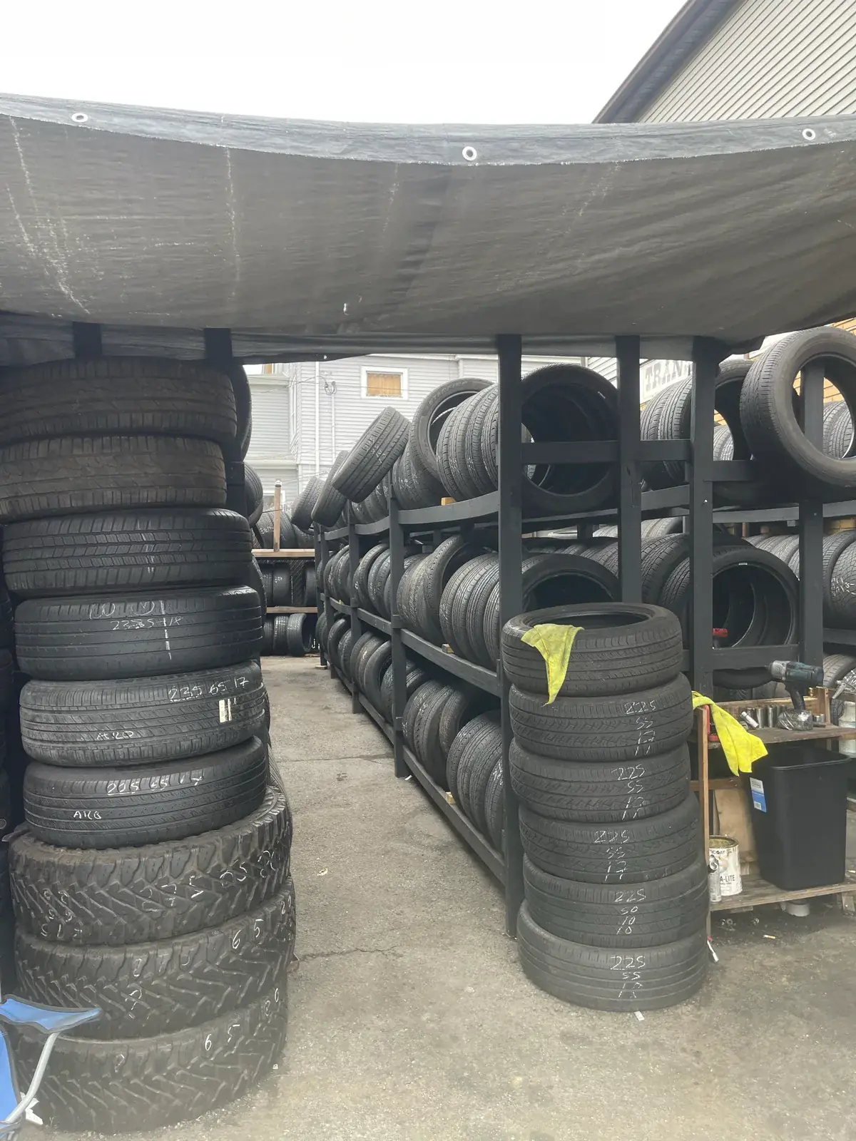 Rows of tires and tread patterns inside Sal’s tire storage area