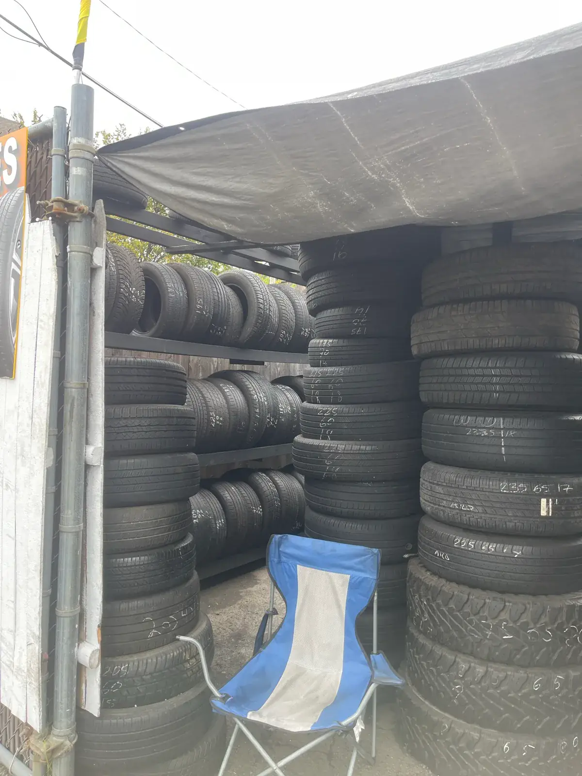 Tires organized on shelves and stacked by size at the shop